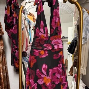 SHEIN Pink and Black Floral Backless Dress